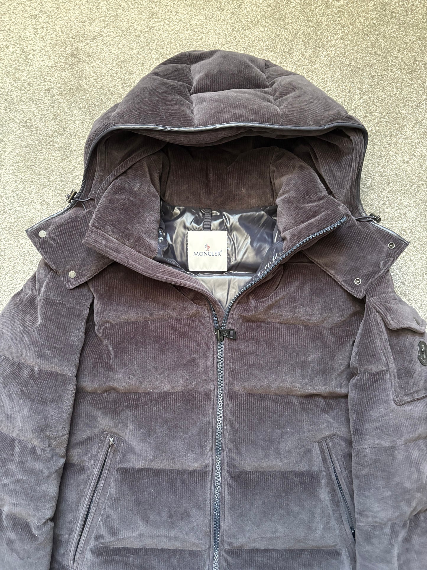 Moncler Black Corduroy Maya Hooded Down Puffer Jacket
