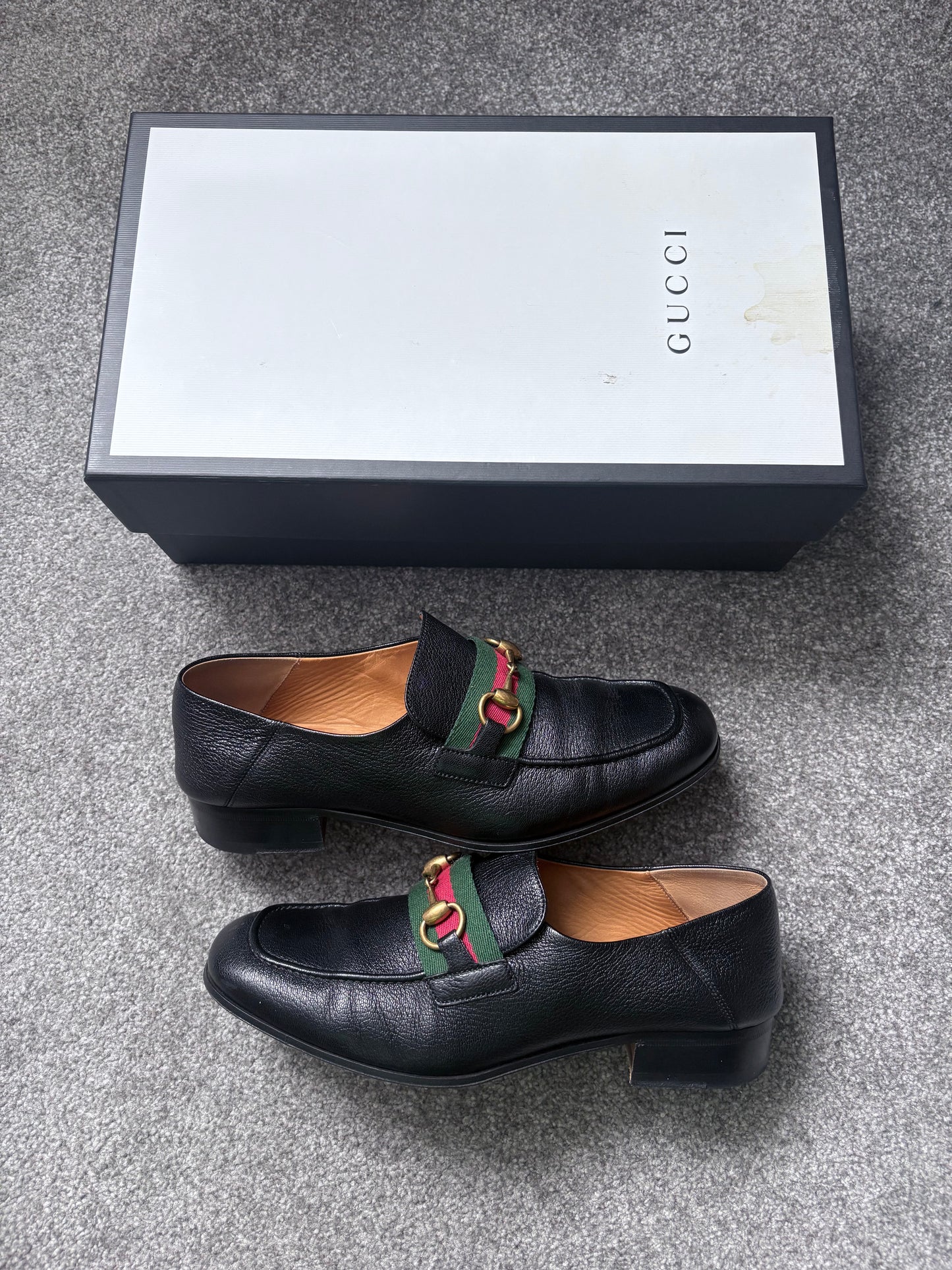 Gucci Bonnie Black Leather Horsebit Web Loafers