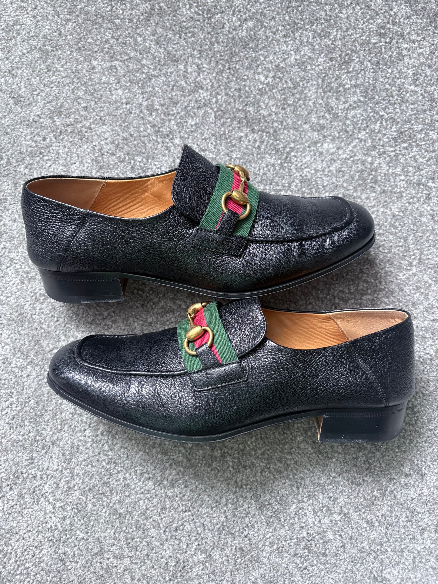 Gucci Bonnie Black Leather Horsebit Web Loafers