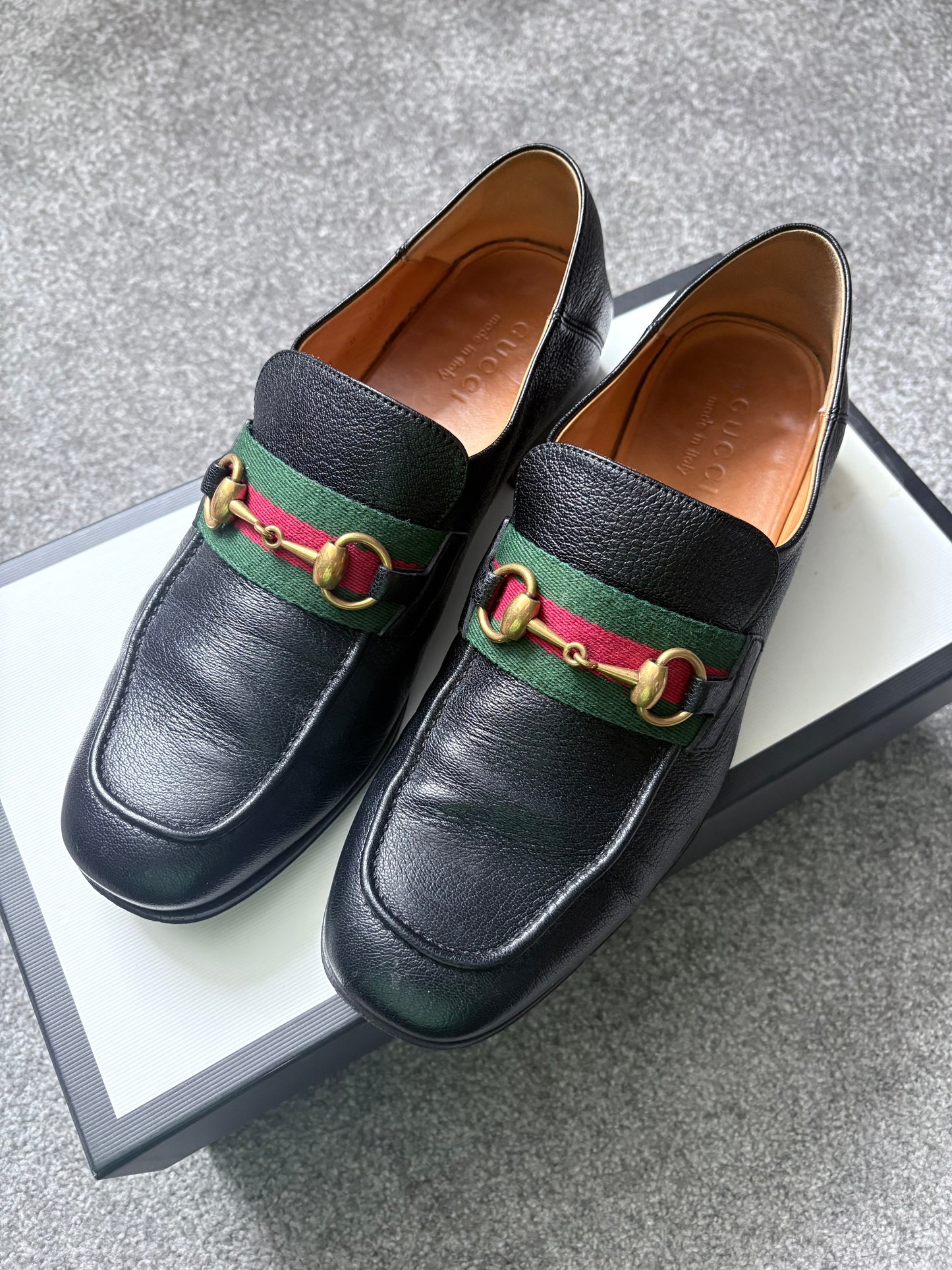 Gucci Bonnie Black Leather Horsebit Web Loafers