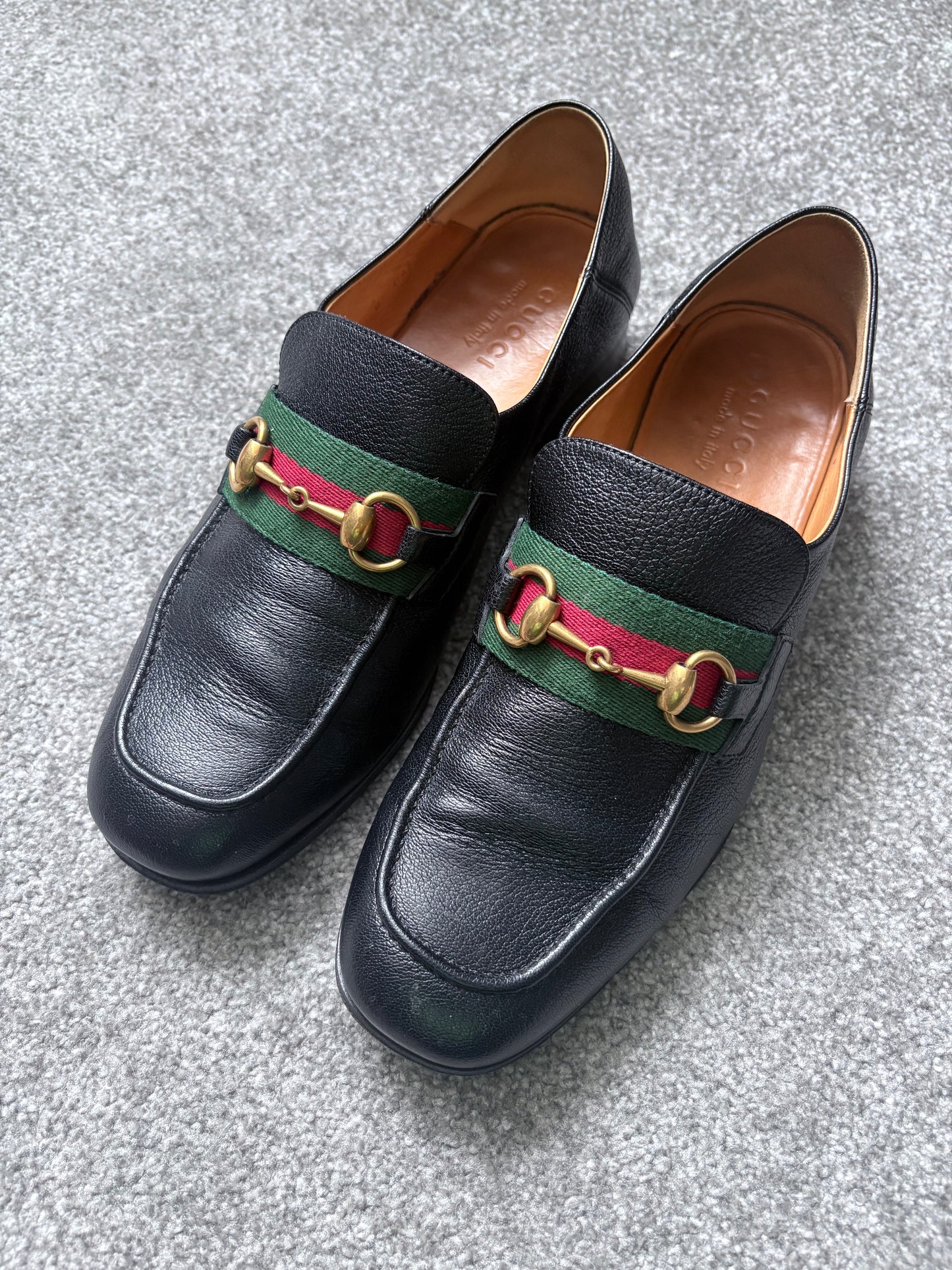 Gucci Bonnie Black Leather Horsebit Web Loafers