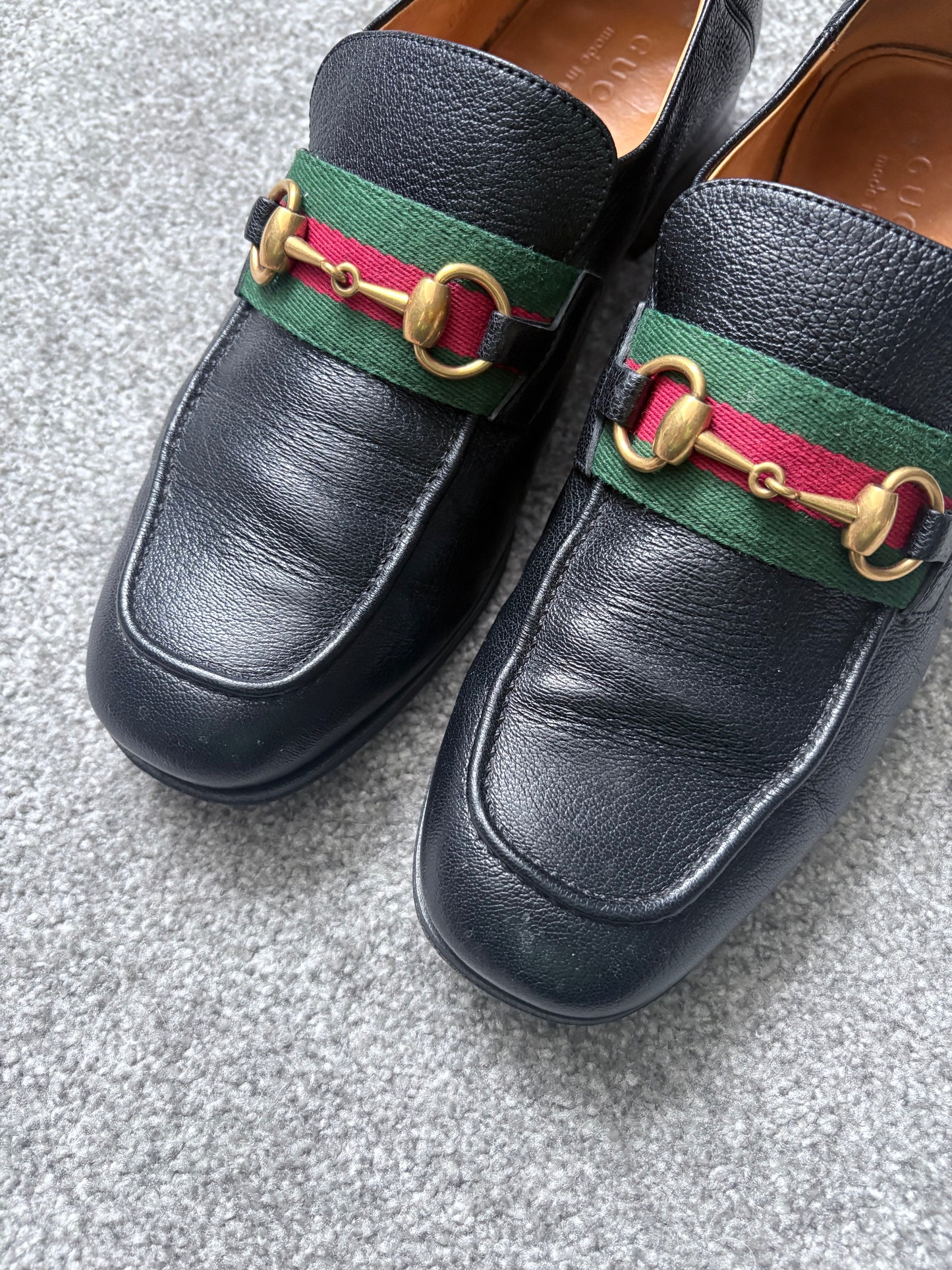 Gucci Bonnie Black Leather Horsebit Web Loafers
