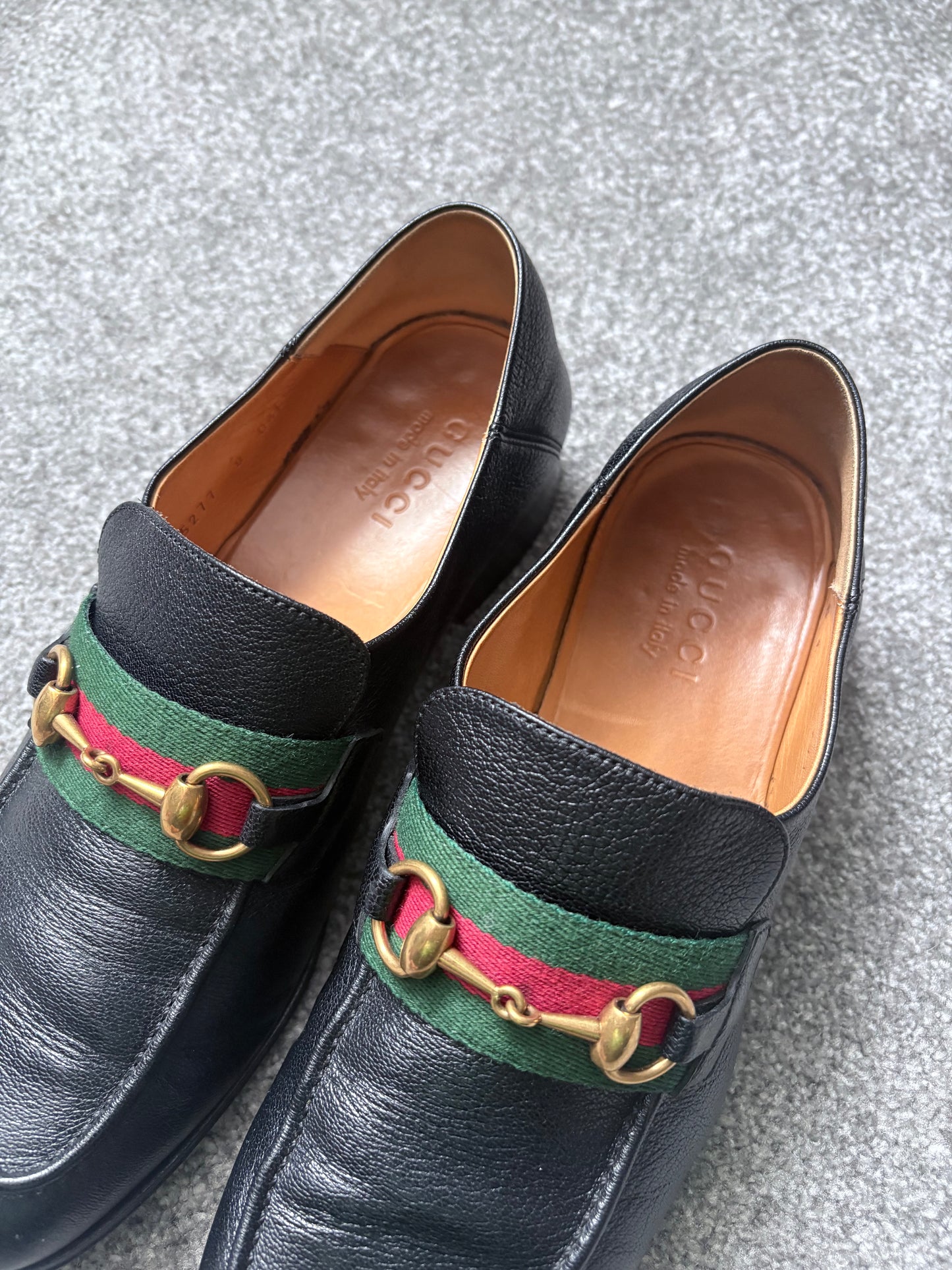 Gucci Bonnie Black Leather Horsebit Web Loafers
