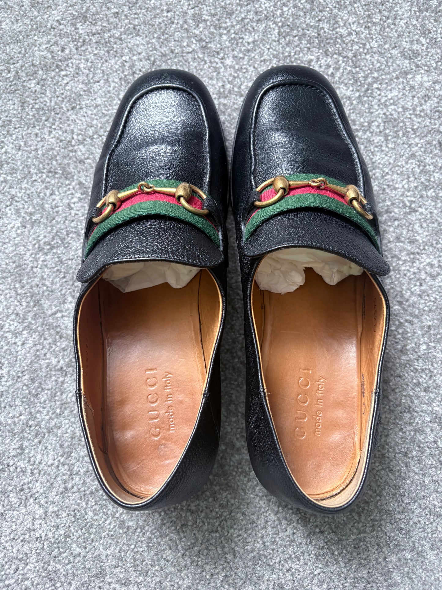 Gucci Bonnie Black Leather Horsebit Web Loafers