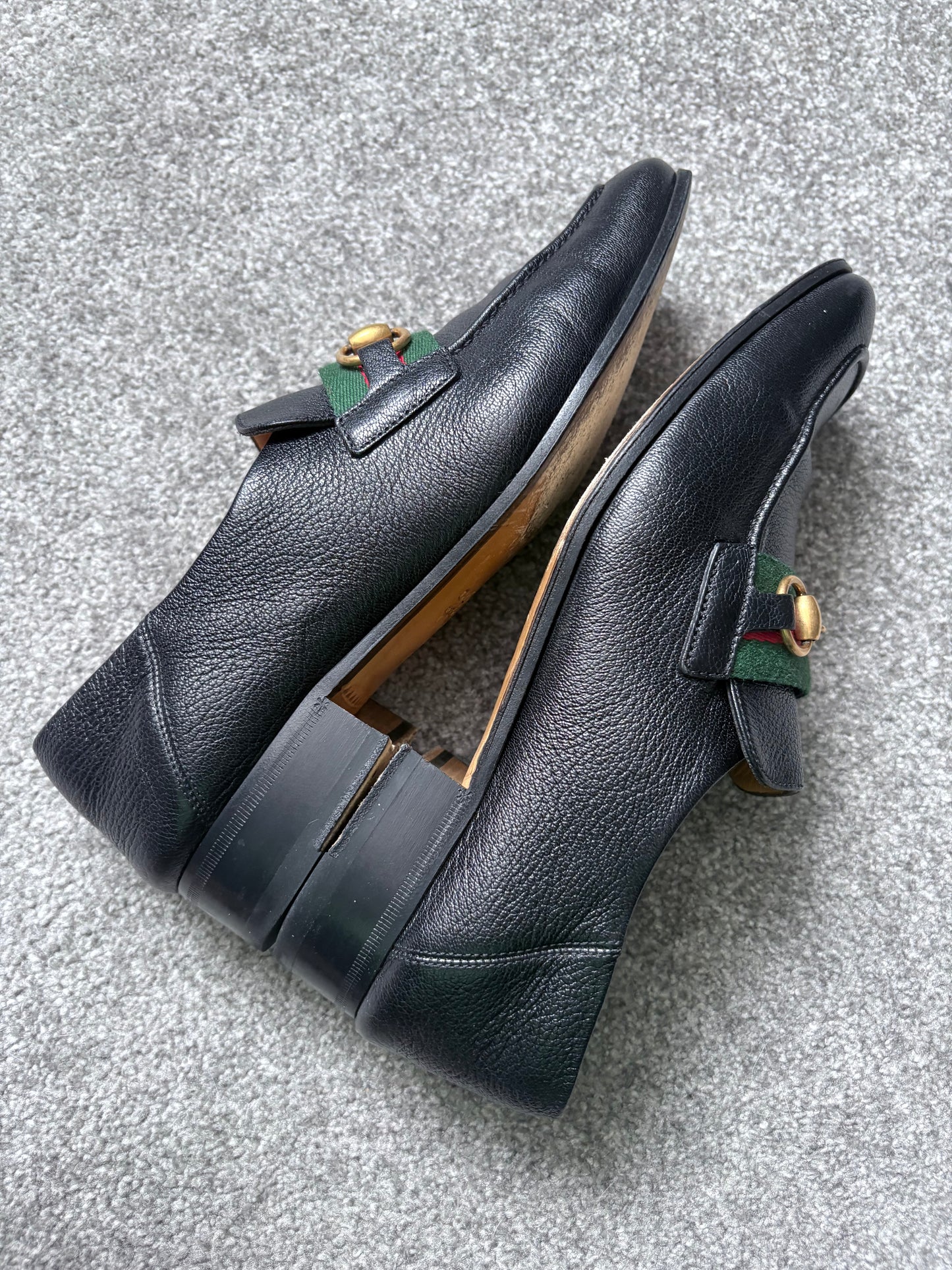 Gucci Bonnie Black Leather Horsebit Web Loafers