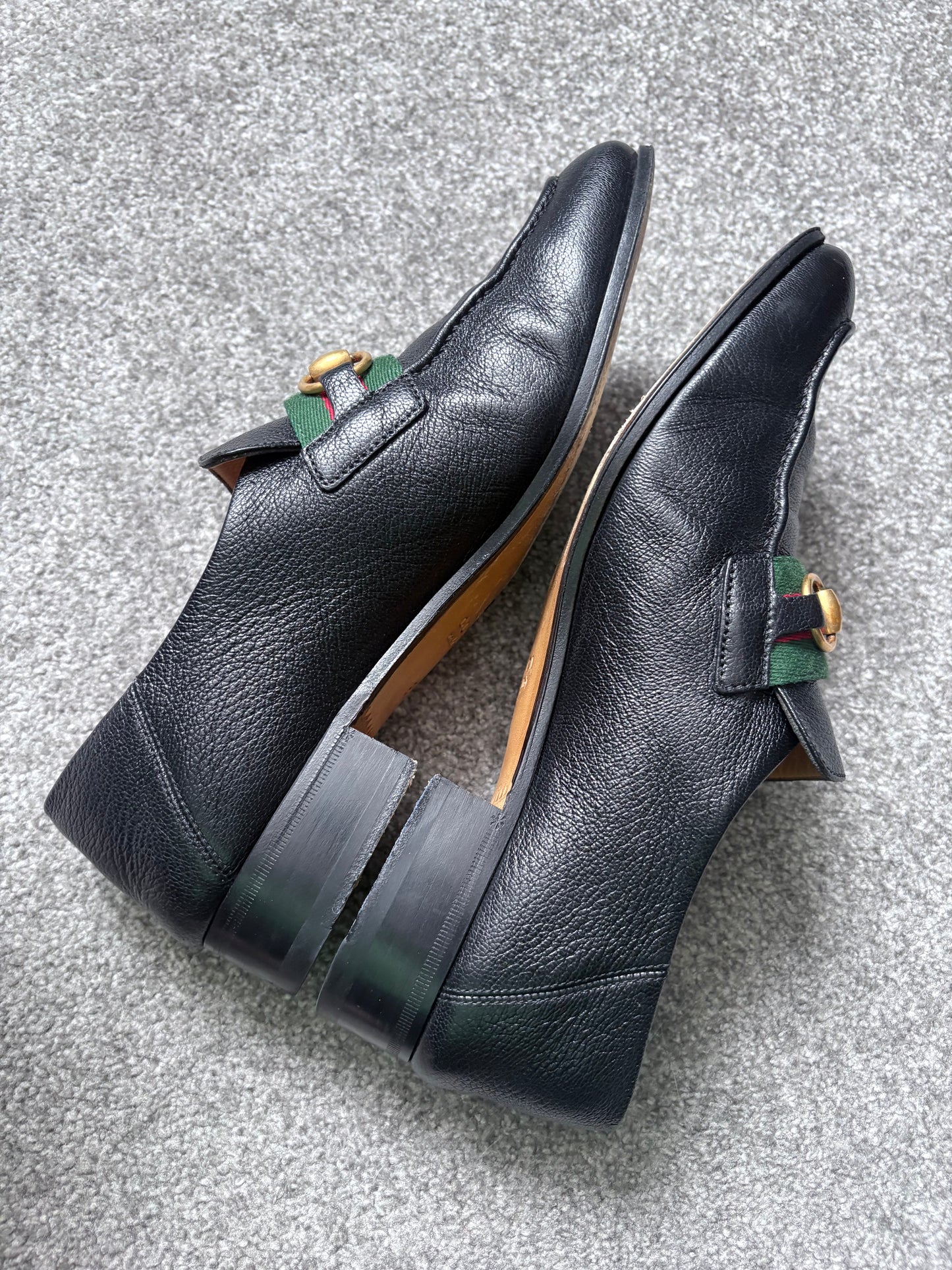 Gucci Bonnie Black Leather Horsebit Web Loafers
